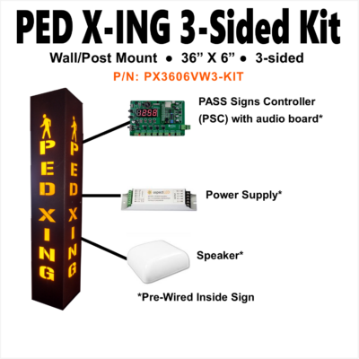 Pedestrain crosswalk sign with flashing text and voice alert system