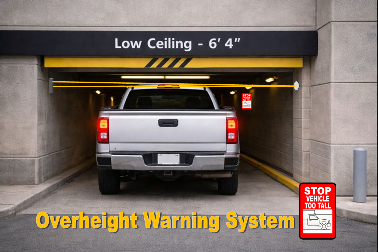 Vehicle too tall for ceiling warning system
