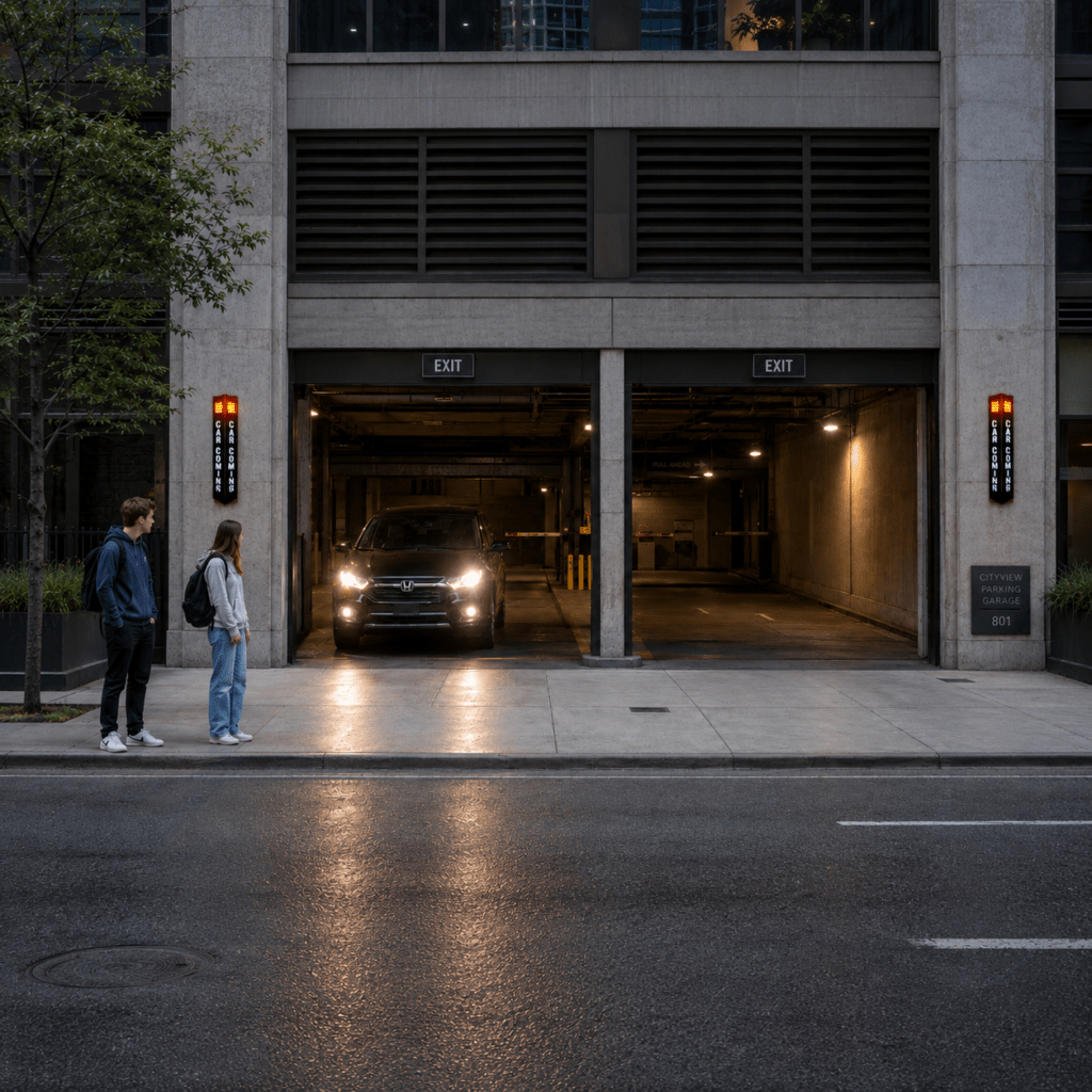 Warning signs for a wide exit of a parking garage