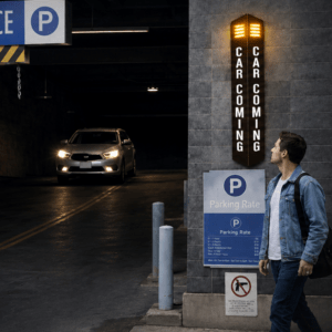 Warning sign with voice alert for parking exit
