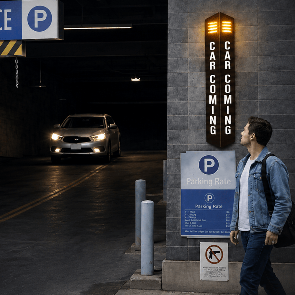 Warning sign with voice alert for parking exit