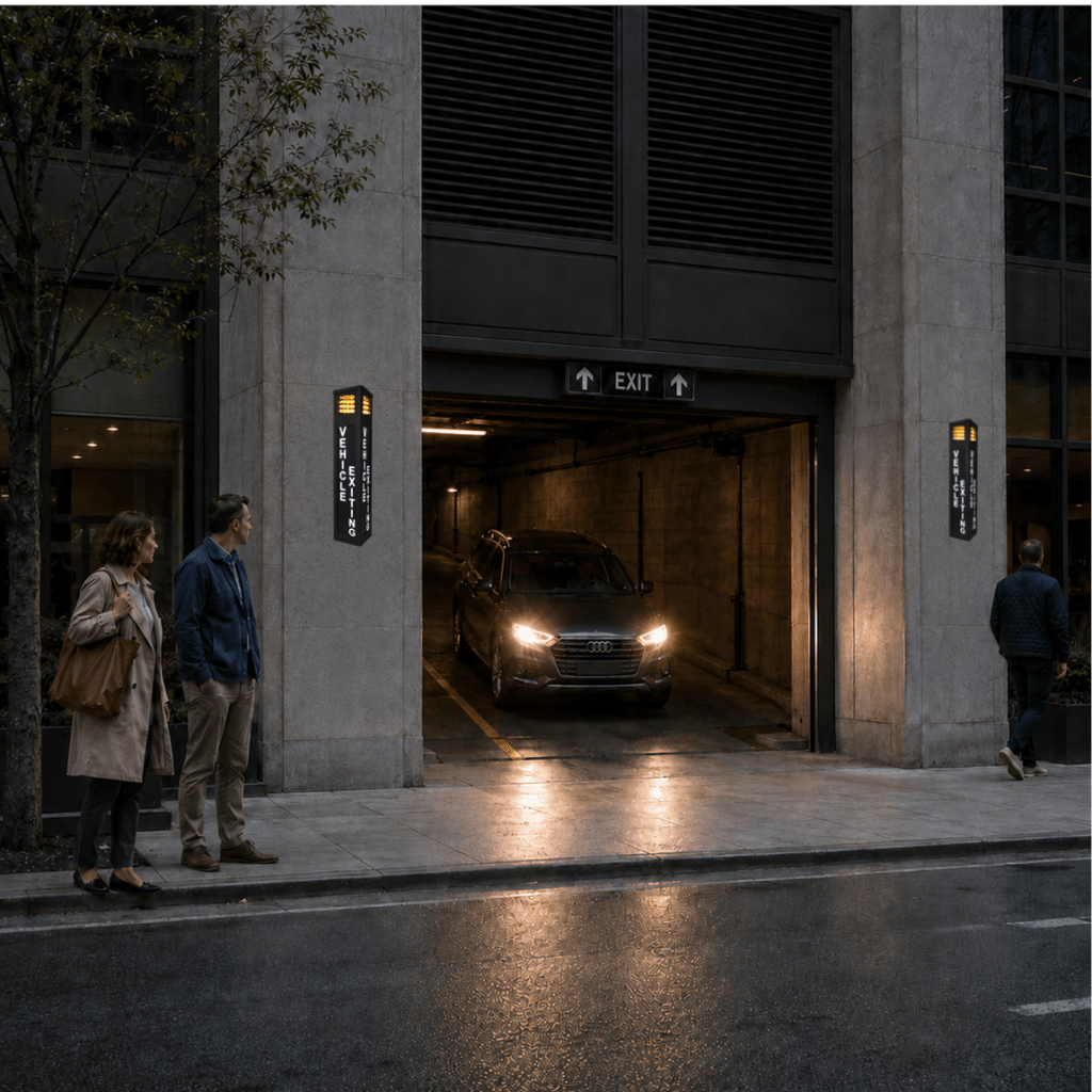 Two VEHICLE EXITING 4010 illuminated warning signs positioned to provide clear pedestrian alerts across a wide parking garage exit.