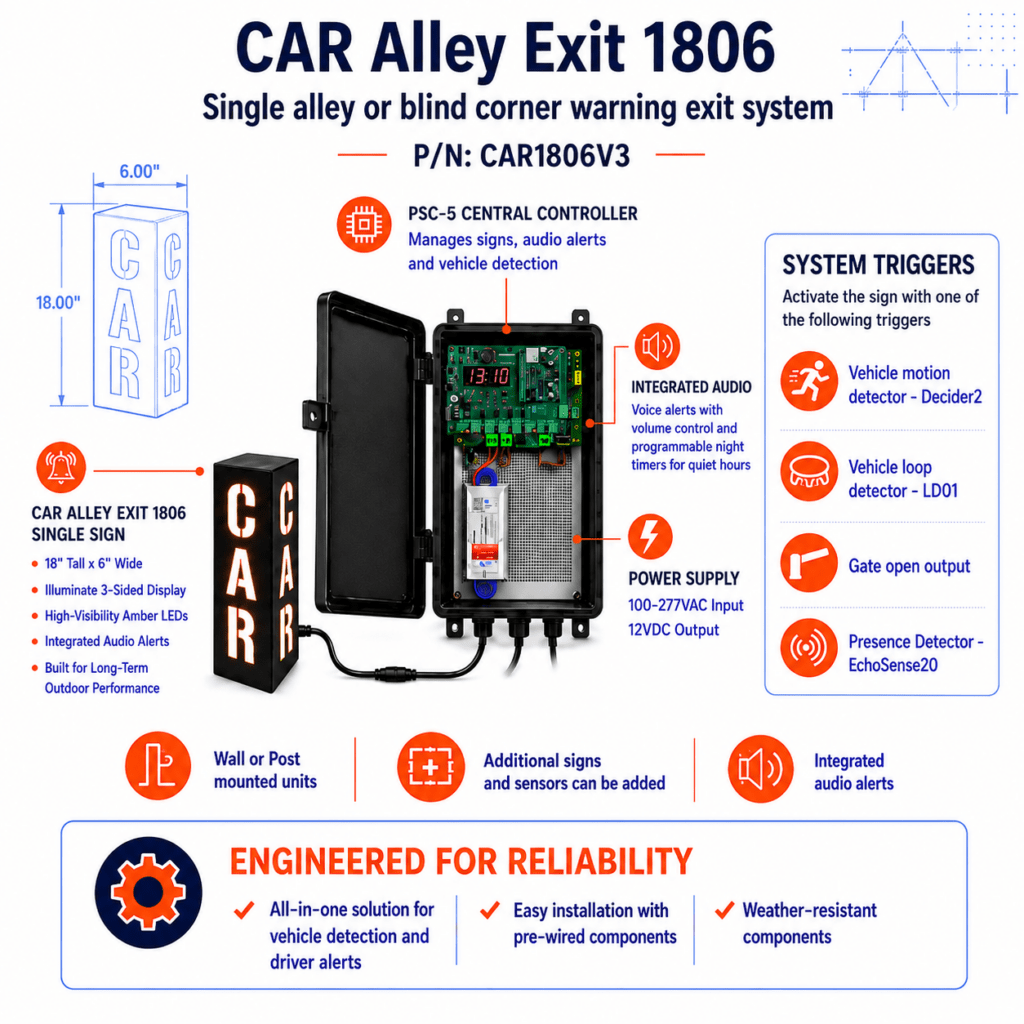 Product image of CAR 1806, showing an illuminated vehicle exit warning sign or engineered kit for parking garage pedestrian safety.