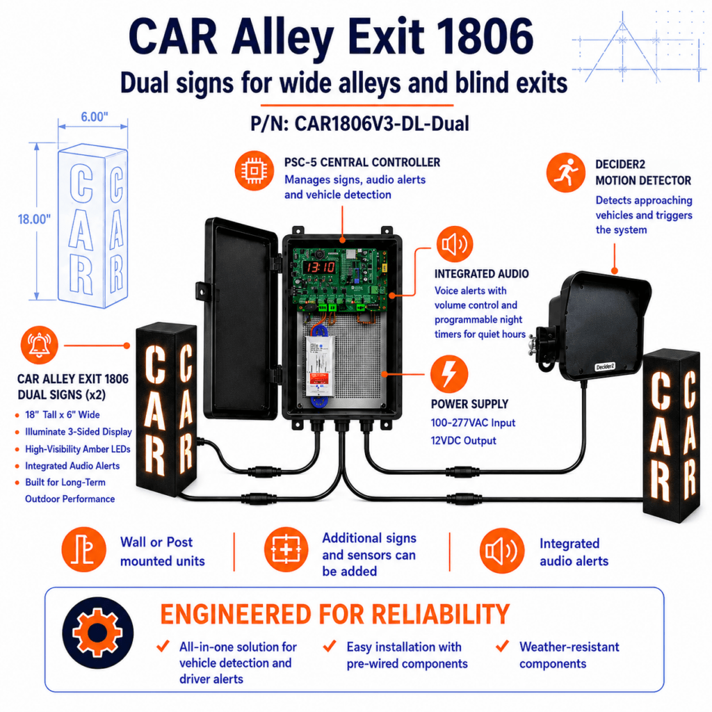 Product image of CAR 1806 Dual Signs Kit, showing an illuminated vehicle exit warning sign or engineered kit for parking garage pedestrian safety.