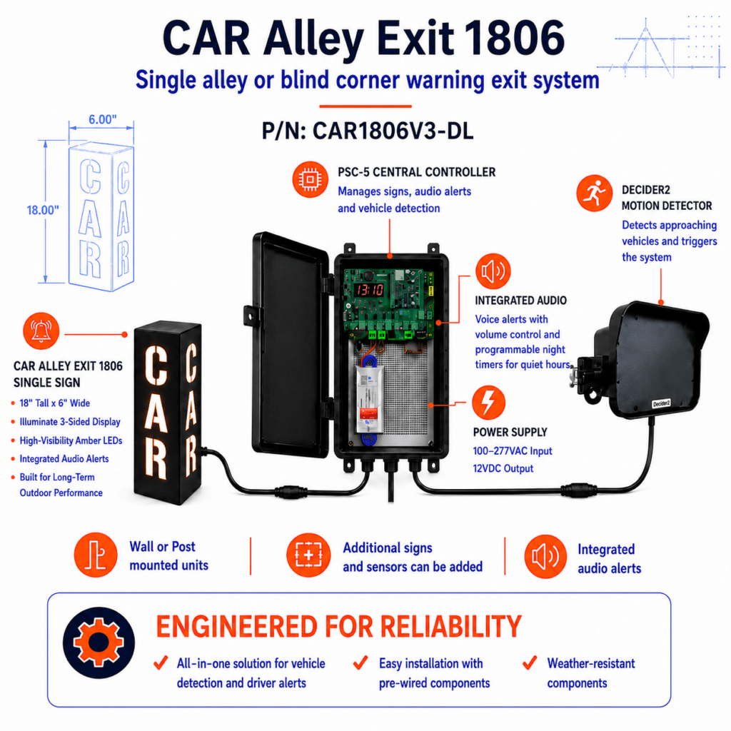Product image of CAR 1806 Single Lane Exit, showing an illuminated vehicle exit warning sign or engineered kit for parking garage pedestrian safety.