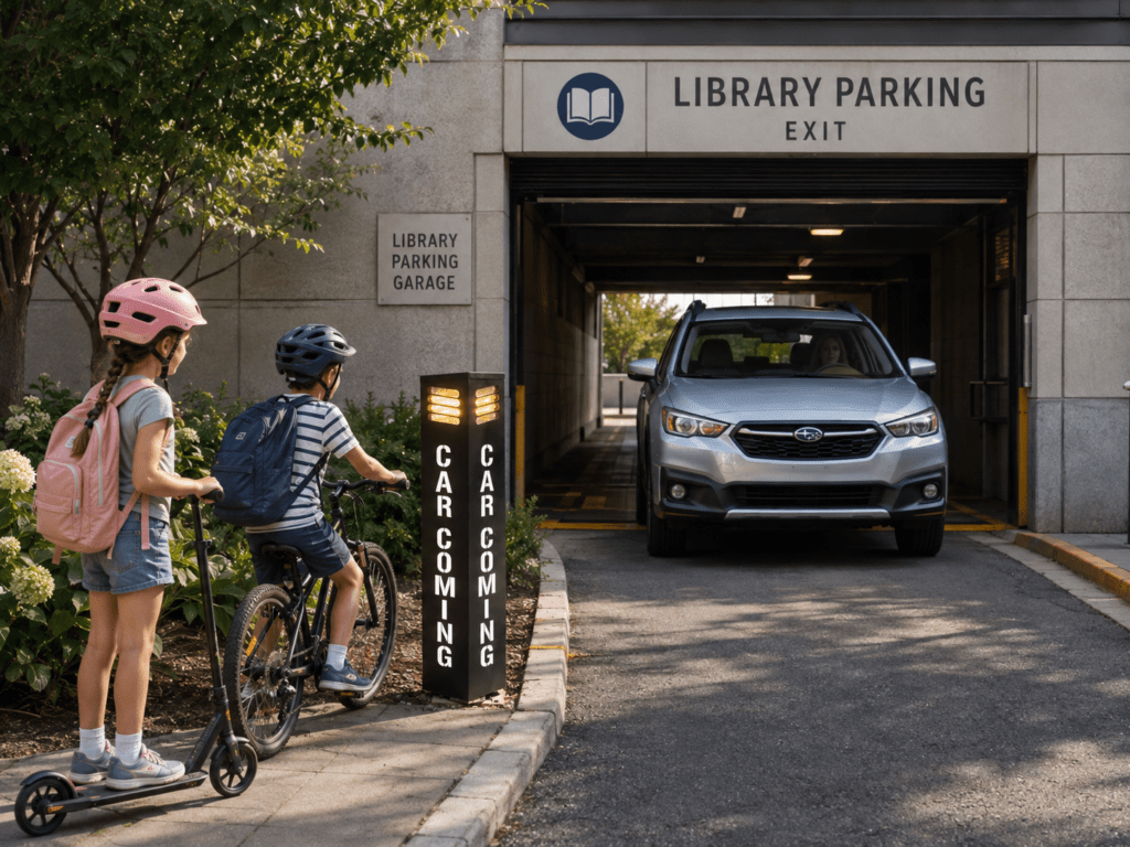 CC4807 four-sided illuminated CAR COMING vehicle exit warning post for parking garages, blind driveways, alleys, and other low-visibility exits.