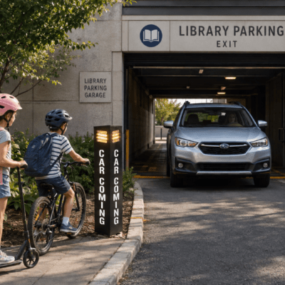 CC4807 four-sided illuminated CAR COMING vehicle exit warning post for parking garages, blind driveways, alleys, and other low-visibility exits.