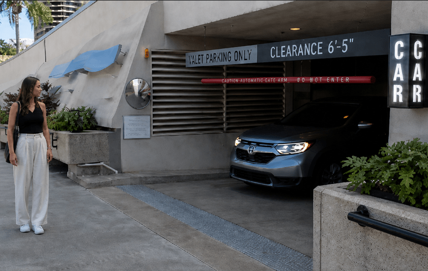 Vehicle exiting a parking facility equipped with a warning system
