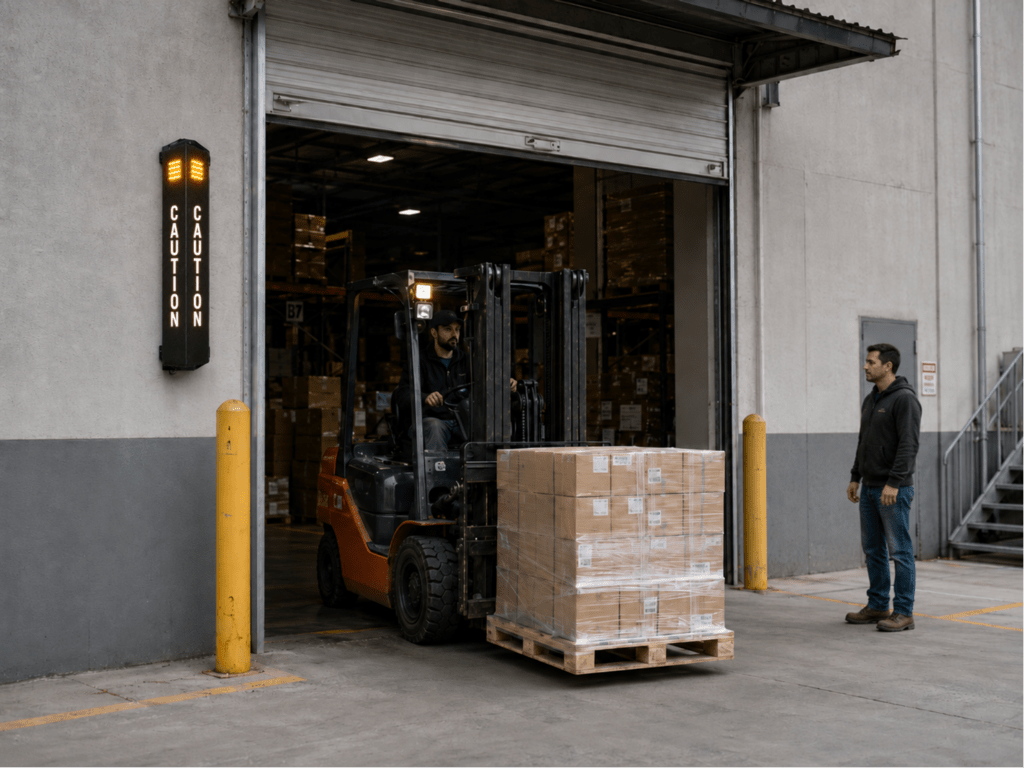 CAUTION 4010 illuminated vehicle warning sign installed for forklift and industrial traffic safety at an exit or crossing point.