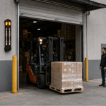 CAUTION 4010 illuminated vehicle warning sign installed for forklift and industrial traffic safety at an exit or crossing point.