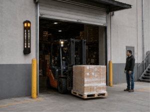 CAUTION 4010 illuminated vehicle warning sign installed for forklift and industrial traffic safety at an exit or crossing point.