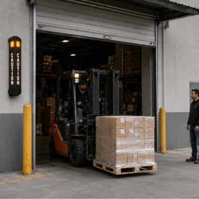 CAUTION 4010 illuminated vehicle warning sign installed for forklift and industrial traffic safety at an exit or crossing point.