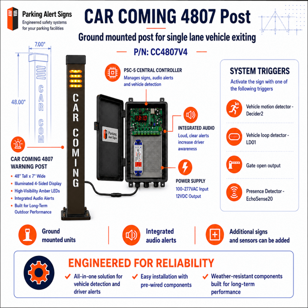 Product image of Car Coming 4807, showing an illuminated vehicle exit warning sign or engineered kit for parking garage pedestrian safety.