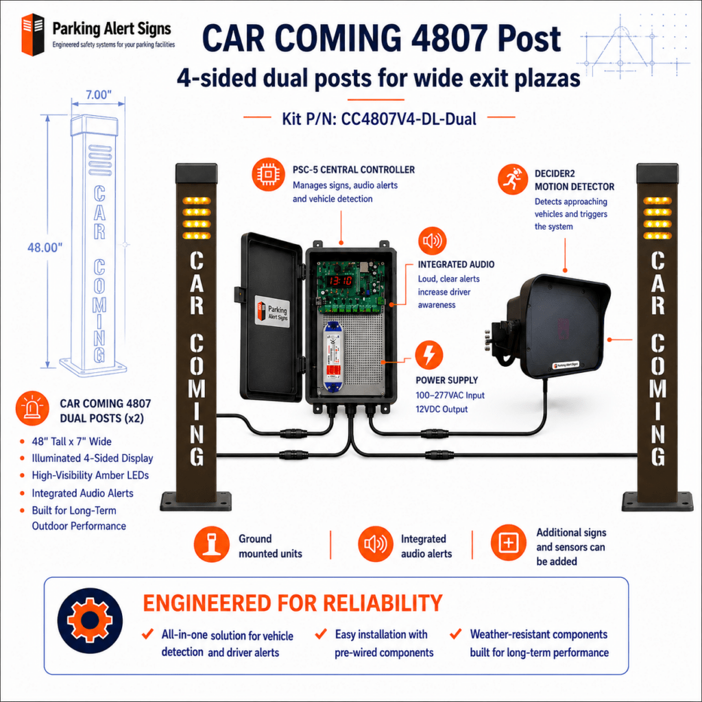 Product image of Car Coming 4807 Dual Post Kit, showing an illuminated vehicle exit warning sign or engineered kit for parking garage pedestrian safety.