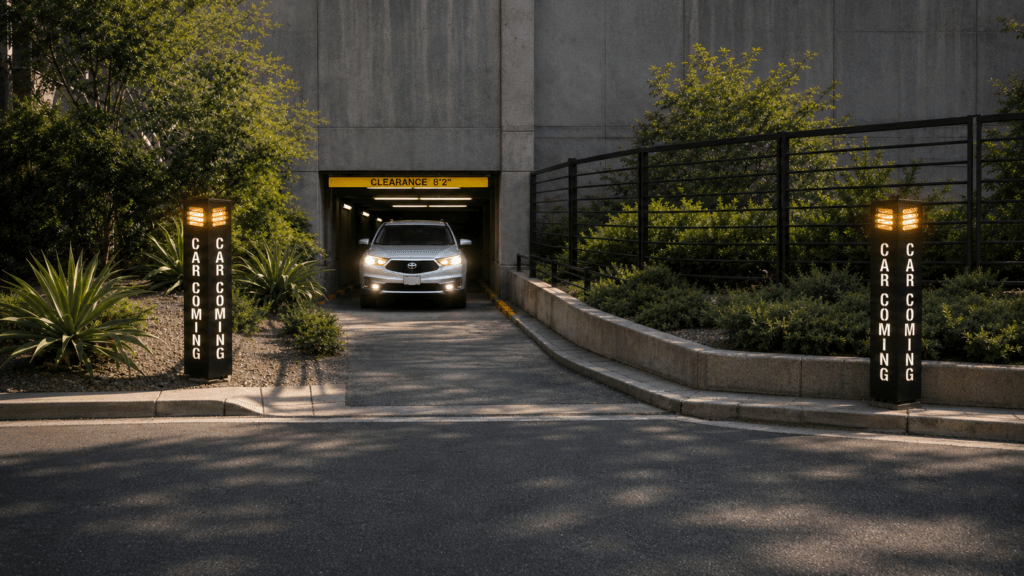 Dual CC4807 illuminated CAR COMING warning posts positioned at a wide parking garage exit to alert pedestrians and drivers when a vehicle is exiting.
