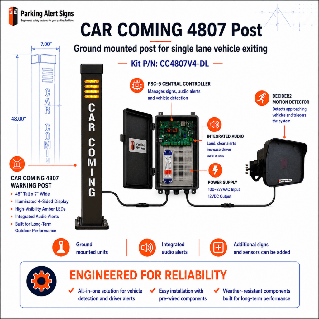 Product image of Car Coming 4807 Single Post Kit, showing an illuminated vehicle exit warning sign or engineered kit for parking garage pedestrian safety.