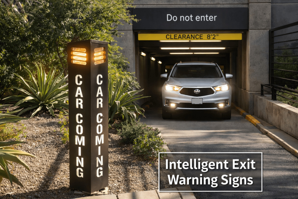 CC4807 illuminated CAR COMING vehicle exit warning post installed beside a single-lane parking garage driveway to improve driver and pedestrian awareness.