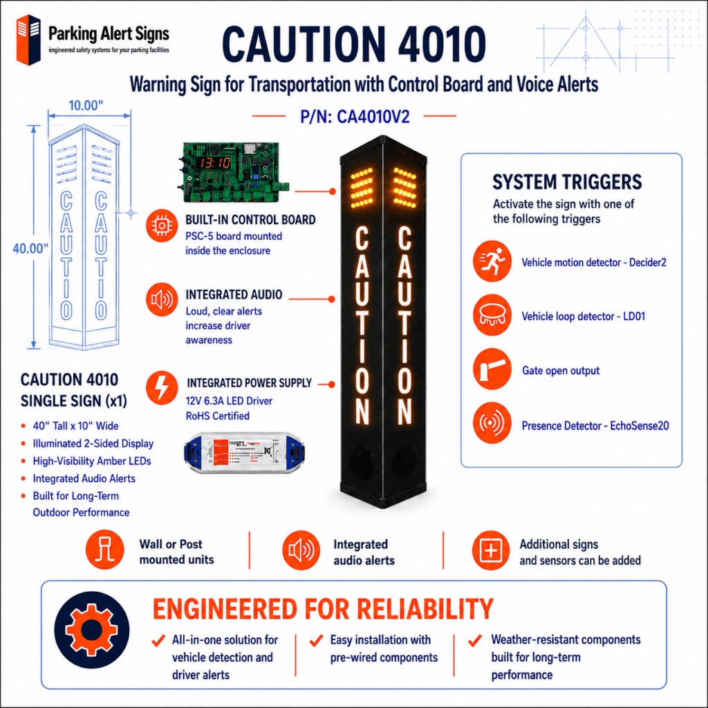 CAUTION 4010 two-sided illuminated vehicle warning sign for parking garage exits, ramps, loading areas and industrial traffic zones.
