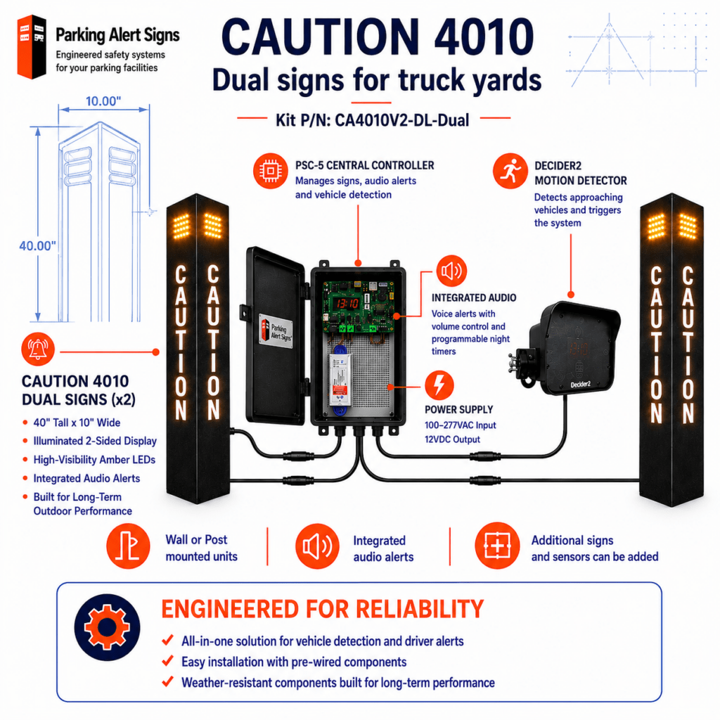 CAUTION 4010 wide-exit warning kit with two illuminated signs, central controller and intelligent vehicle motion detection.