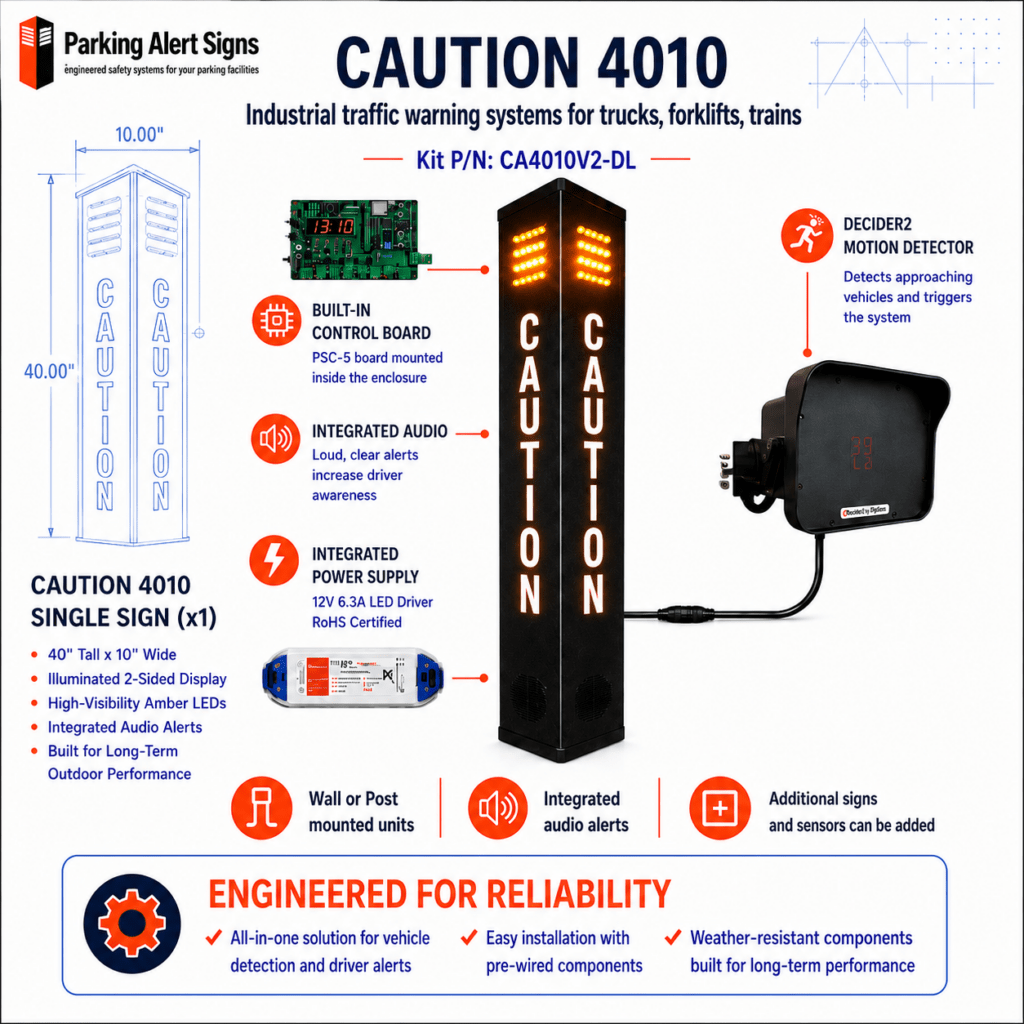 CAUTION 4010 single-lane vehicle warning kit with illuminated sign, PSC-5 controller, power supply and Decider2 motion detection.