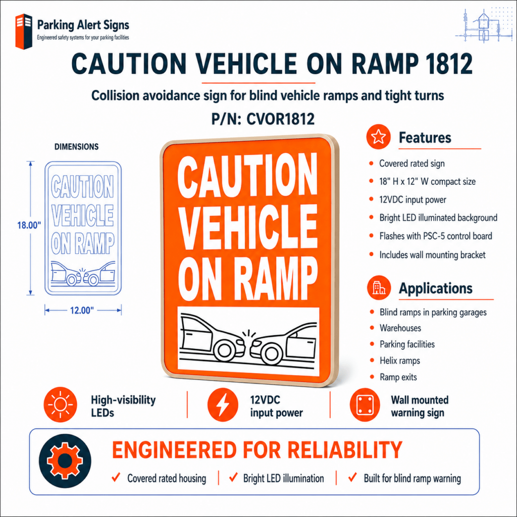 Product image of Caution Vehicle On Ramp 1812, showing an illuminated vehicle-on-ramp warning sign or kit for parking garage traffic safety.