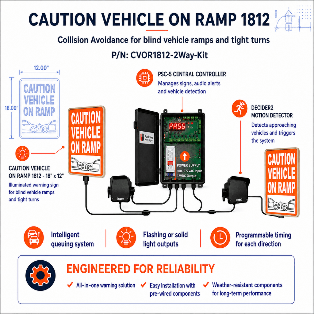 Product image of Caution Vehicle On Ramp 1812 Dual Sign Kit, showing an illuminated vehicle-on-ramp warning sign or kit for parking garage traffic safety.