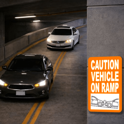 Product image of Caution Vehicle on Ramp 1812, showing an illuminated vehicle-on-ramp warning sign or kit for parking garage traffic safety.