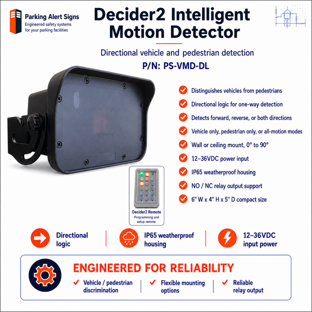 Product image of Decider2 Intelligent Vehicle Motion Detector, showing the Decider2 intelligent vehicle motion detector for parking and access-control systems.