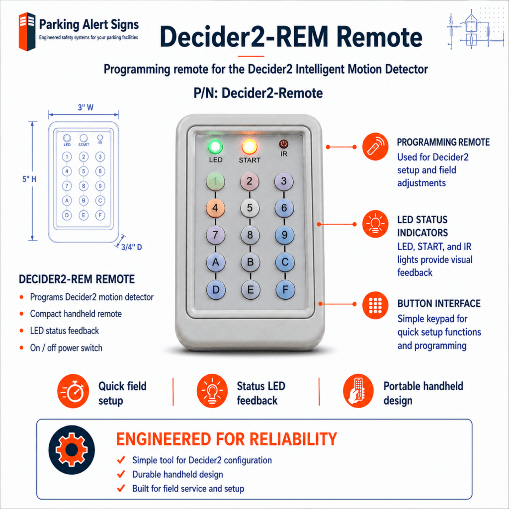 Product image of Decider2-Remote, showing the programming remote for the Decider2 intelligent vehicle motion detector.