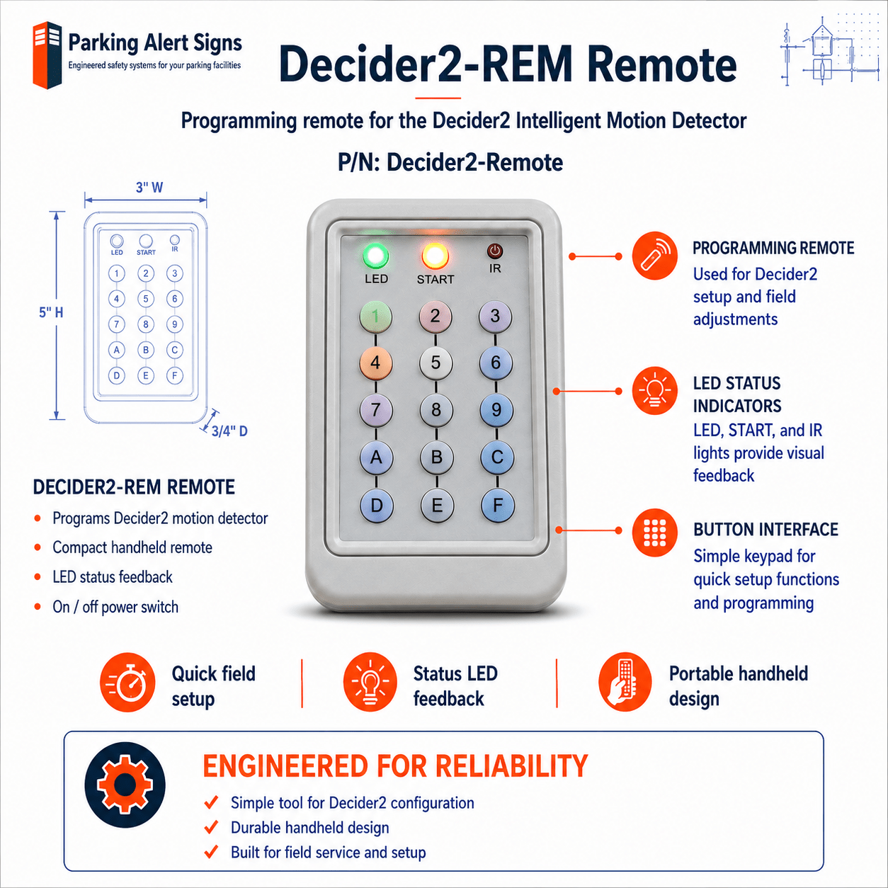 Product image of Decider2-Remote, showing the programming remote for the Decider2 intelligent vehicle motion detector.