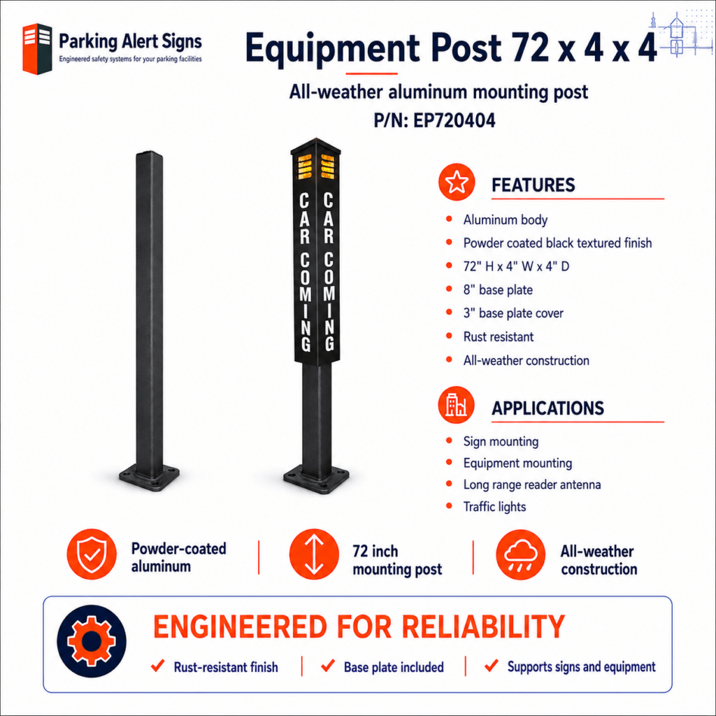 Product image of EP720404 Equipment Post, showing the EP720404 aluminum equipment mounting post for signs, readers, and traffic devices.