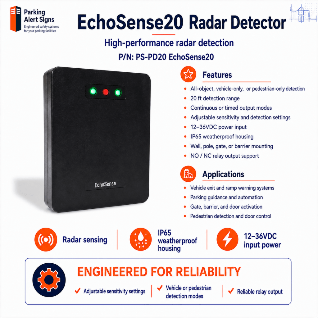Product image of EchoSense20 Radar Detector, showing the EchoSense20 radar presence detector for vehicle and pedestrian detection.
