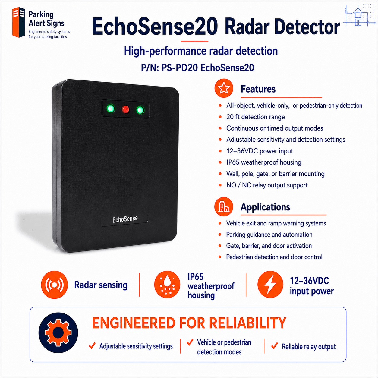 Product image of EchoSense20 Radar Detector, showing the EchoSense20 radar presence detector for vehicle and pedestrian detection.
