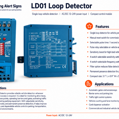Product image of LD01 Loop Detector, showing the LD-1 vehicle loop detector for parking gates and access-control systems.
