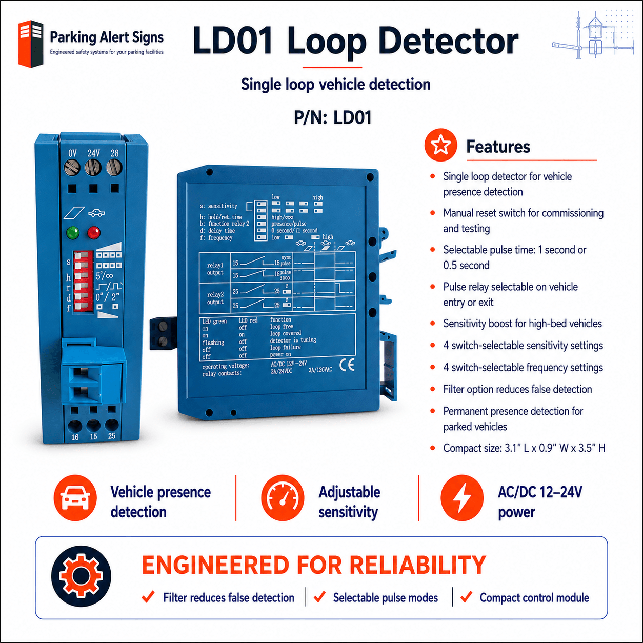 Product image of LD01 Vehicle Loop Detector, showing the LD-1 vehicle loop detector for parking gates and access-control systems.