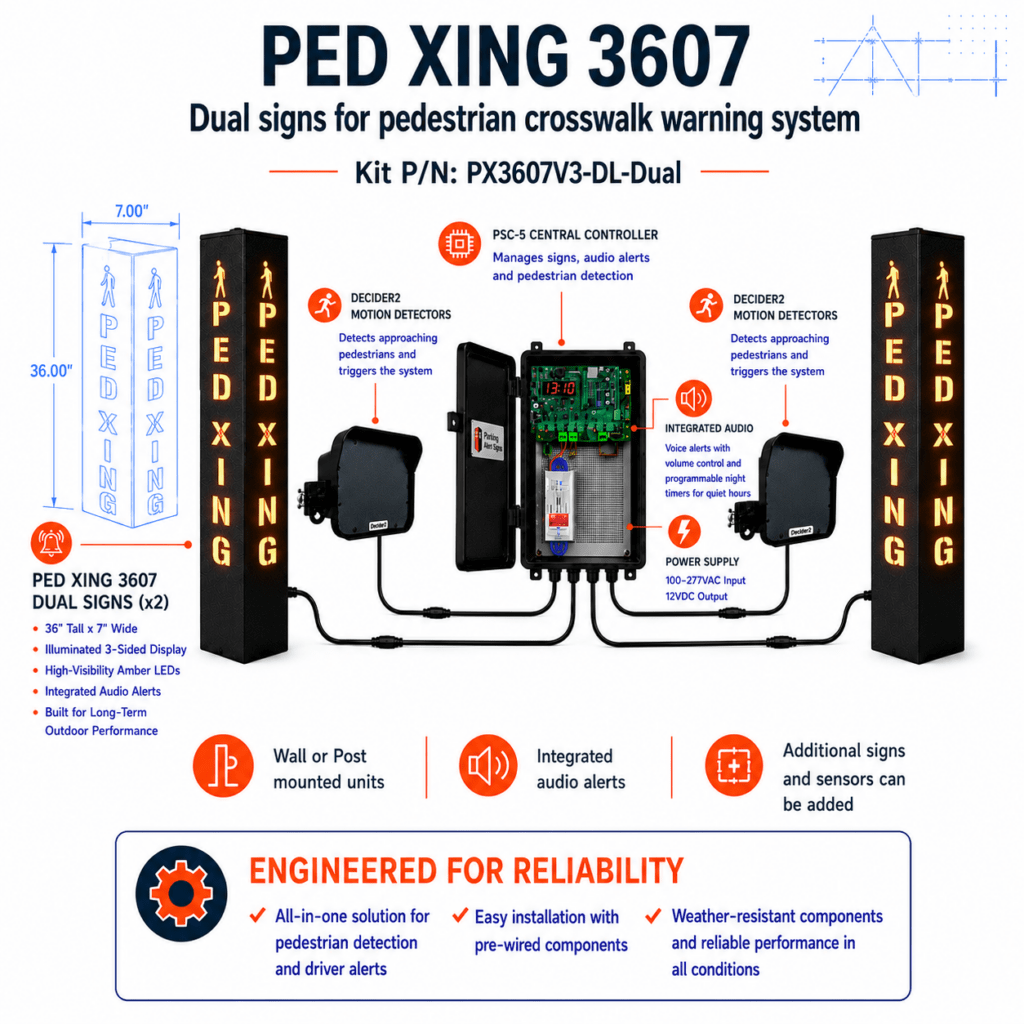 Product image of PEDXING 3607 Double, showing an illuminated pedestrian crossing warning sign or kit for parking facility safety.
