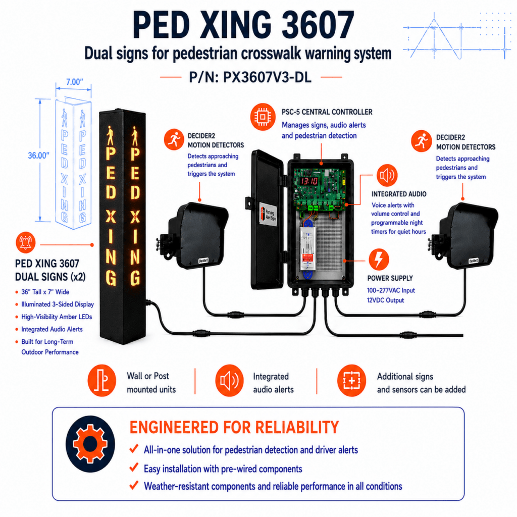 Product image of PEDXING 3607 Single, showing an illuminated pedestrian crossing warning sign or kit for parking facility safety.