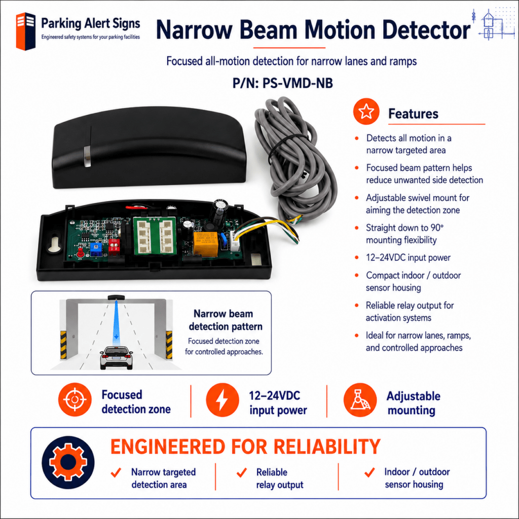 Product image of PS-Narrow-Beam, showing the PS-Narrow ceiling-mounted vehicle motion detector for focused detection zones.
