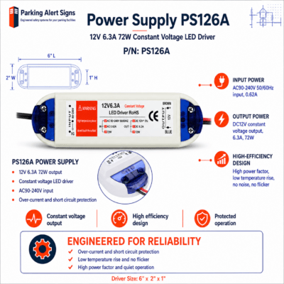 Product image of PS126A Power Supply, showing the PS126A power supply for Parking Alert Signs controllers and warning systems.