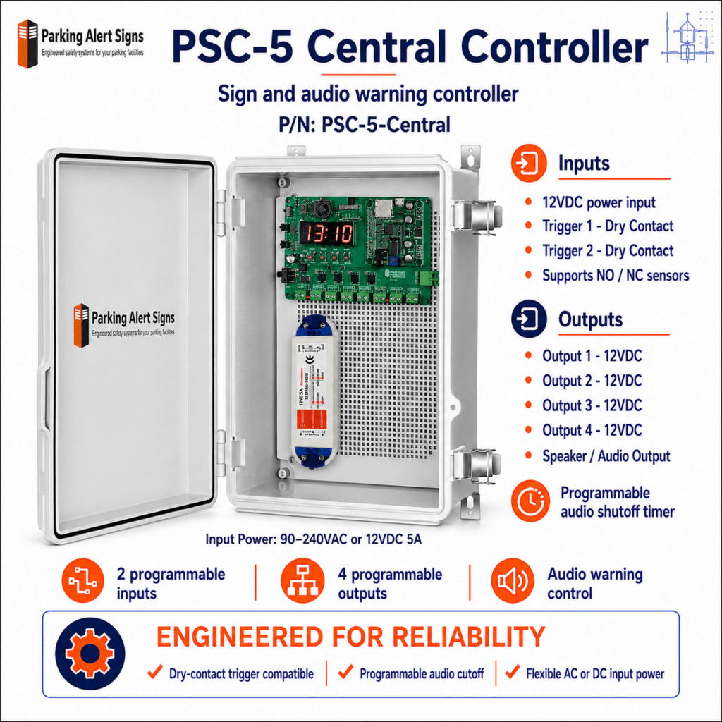 Product image of PSC-5 Central Control, showing the PSC-5 intelligent warning-sign control board or central controller.
