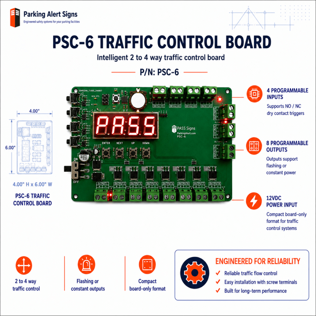 Product image of PSC-6 Control Board, showing the PSC-6 programmable traffic control board or central controller.