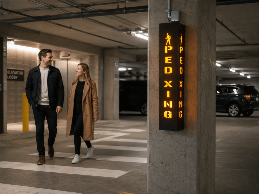 PEDXING 3607 pedestrian detection warning system with illuminated crossing signs designed to alert drivers and pedestrians in parking facilities.