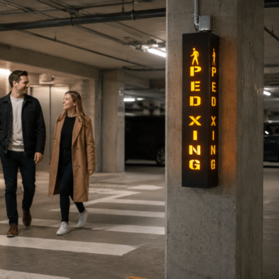 PEDXING 3607 pedestrian detection warning system with illuminated crossing signs designed to alert drivers and pedestrians in parking facilities.