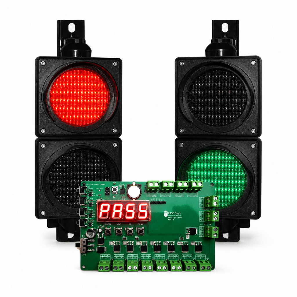 RG1006 2-way timed traffic control system kit with two red-green traffic lights and a PSC-6 timed controller.