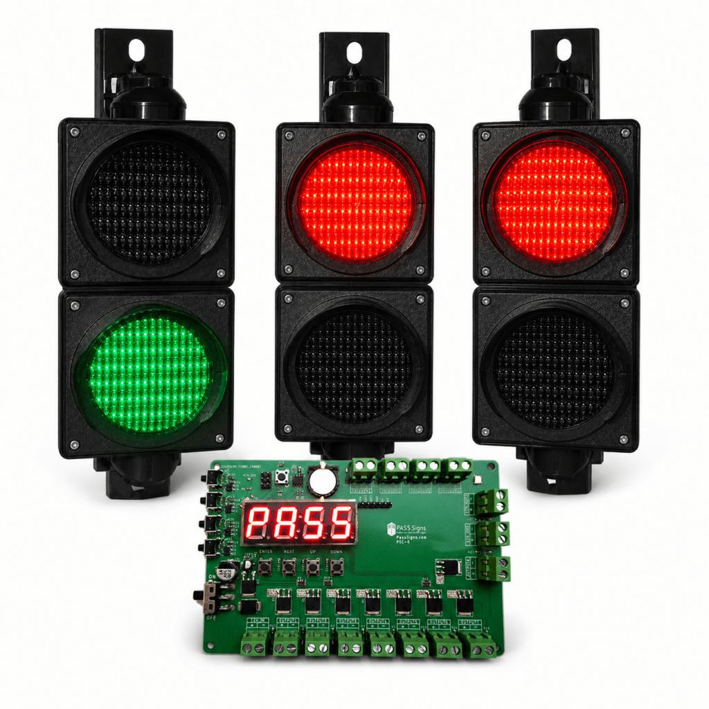 RG1006 3-way timed traffic control system kit with three red-green traffic lights and a PSC-6 timed controller.