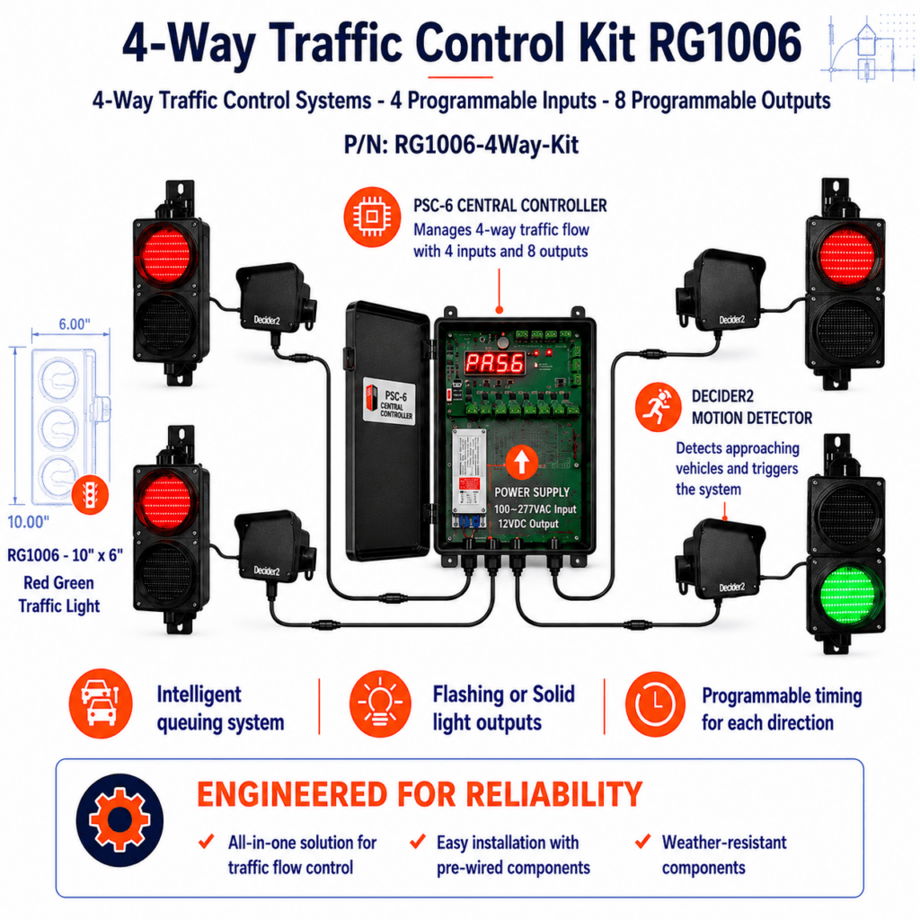Product image of RG1006-4Way-Traffic-Kit, showing a red-green LED traffic light or engineered traffic control kit for parking facilities.