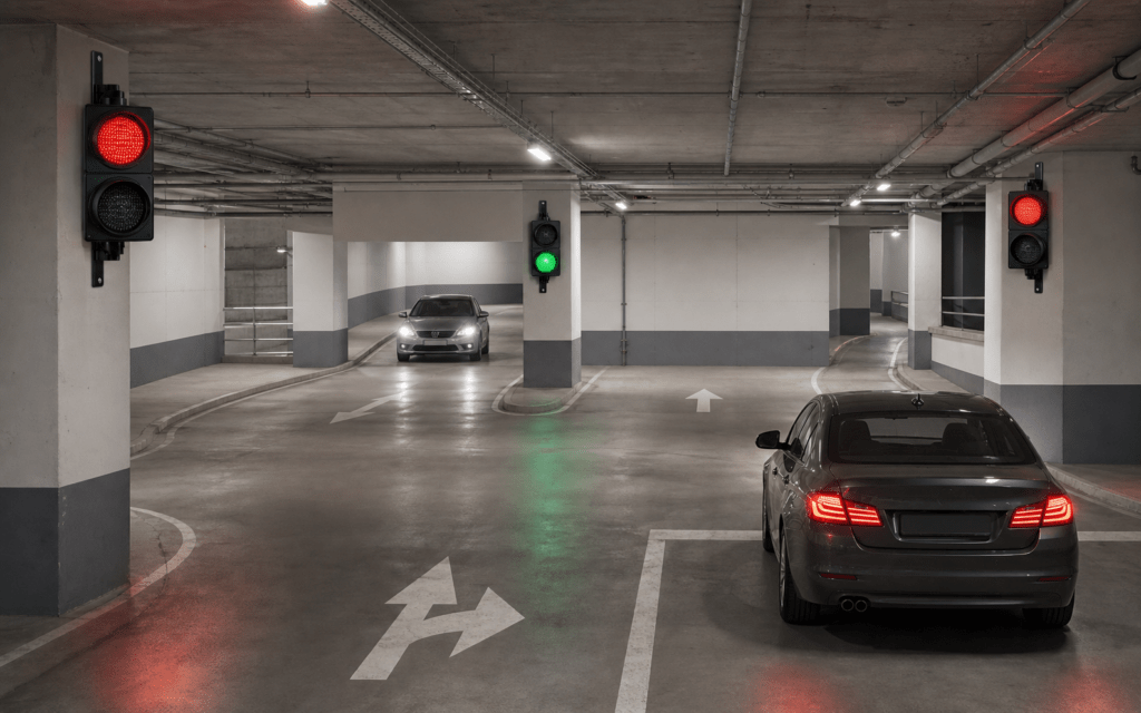 Parking garage using RG1006 timed red-green traffic lights to control vehicles through a shared intersection without vehicle sensors.