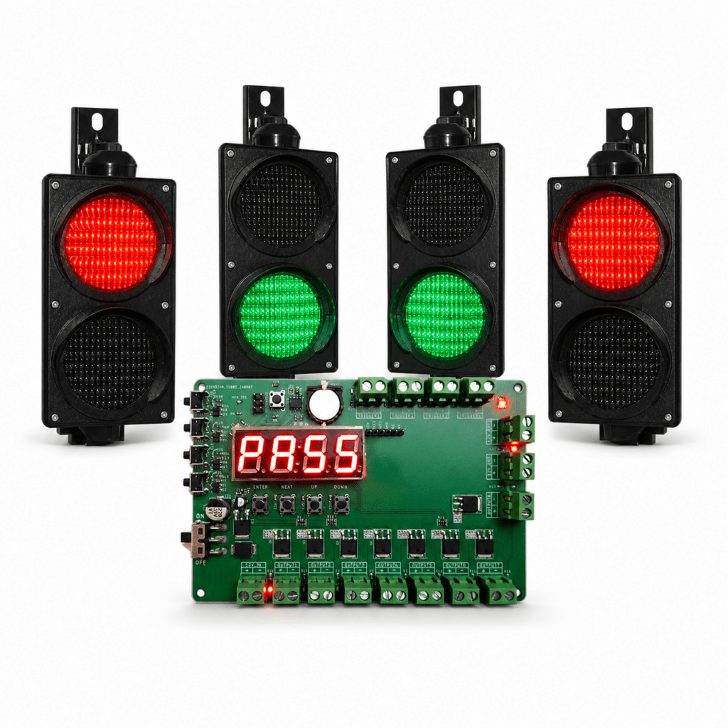 RG1006 timed traffic control system kit with PSC-6 controller and four red-green LED traffic lights for parking garages and controlled vehicle intersections.