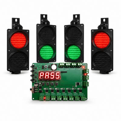 RG1006 timed traffic control system kit with PSC-6 controller and four red-green LED traffic lights for parking garages and controlled vehicle intersections.