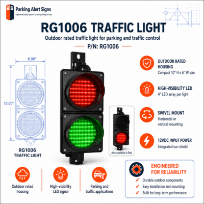 Product image of RG1006 Traffic Light, showing a red-green LED traffic light or engineered traffic control kit for parking facilities.